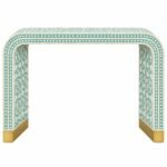 Zellmora | Handcrafted Hardwood Bone Inlay Console Table with Moroccan Diamond Pattern, Curved Waterfall Design & Gold Accents in Sage Green and Ivory Finish – Wooden Slice - Image 2