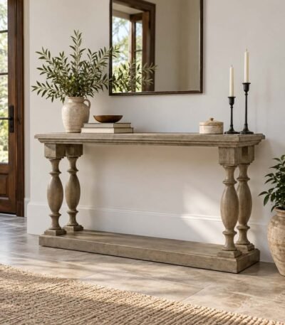 Sheesham Wood Console Table with turned pillar legs in Rustic Brown finish.