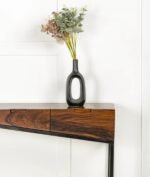 Zorvesta | Solid Sheesham Wood Console Table with Three Drawers, Black Iron Frame & Recessed Handles in Walnut Brown Finish – Wooden Slice - Image 4