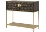 Aurexion | Solid Mango Wood Mini Bar Console Cabinet with Geometric Diamond Front, Gold Metal Frame & Open Lower Shelf in Walnut and Gold Finish – Wooden Slice - Image 5