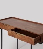 Trevixon | Solid Sheesham Wood Study Desk Cum Console Table with Two Drawers, Black Iron Trestle Legs & Brass-Finish Handles in Honey Brown Finish – Wooden Slice - Image 4