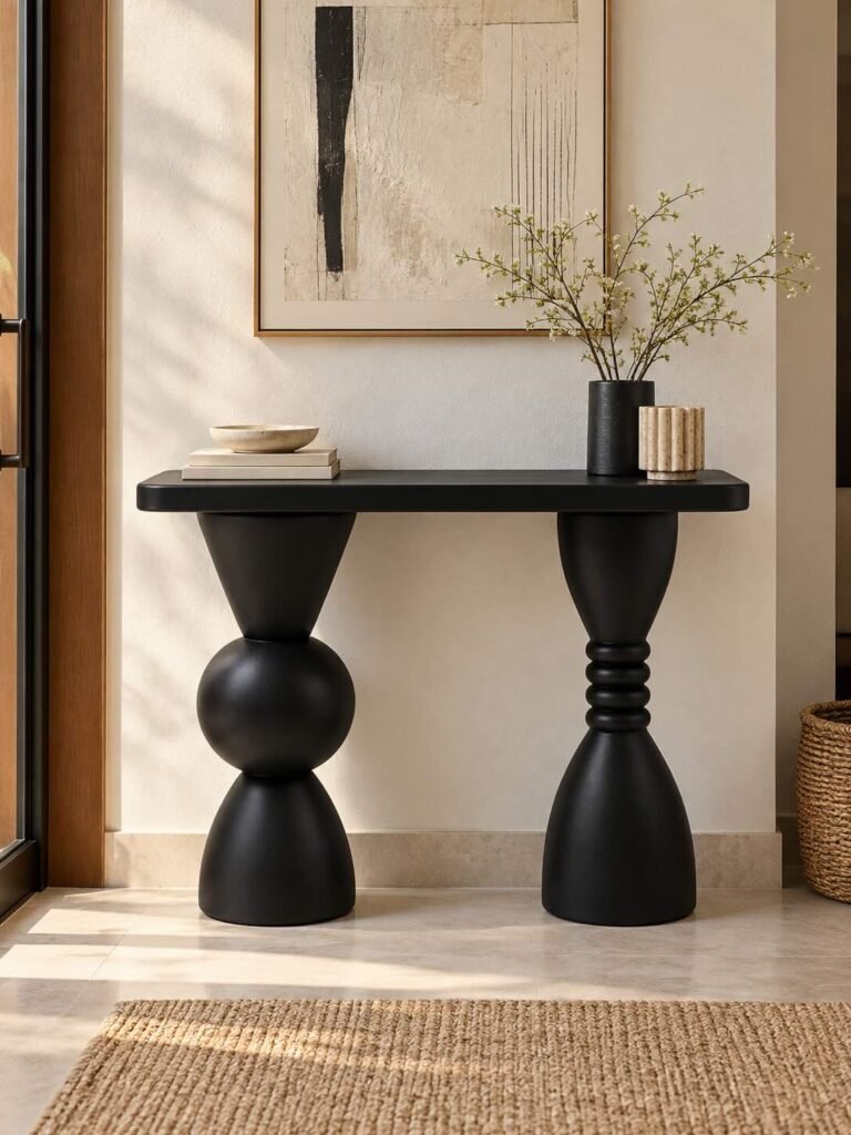 Solid Wood Console Table with sculptural geometric legs in black finish.