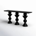 Orbisculpt | Solid Wood Console Table with Three Sculptural Geometric Pedestals & Rounded Rectangular Top in Charcoal Black Finish – Wooden Slice - Image 4
