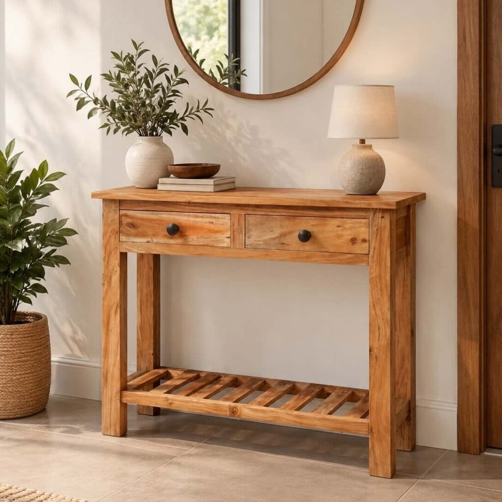Sheesham Wood Console Table with 2 drawers and slatted lower shelf in natural matt finish.