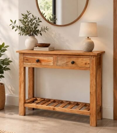 Sheesham Wood Console Table with 2 drawers and slatted lower shelf in natural matt finish.