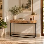 Mango Wood Console Table with 3 drawers and black iron frame in natural finish.