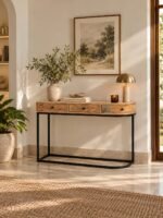 Mango Wood Console Table with 3 drawers and black iron frame in natural finish.
