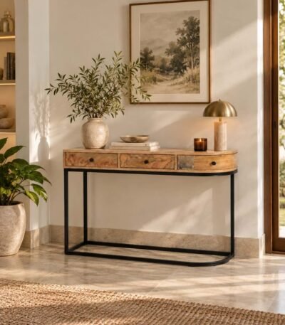 Mango Wood Console Table with 3 drawers and black iron frame in natural finish.