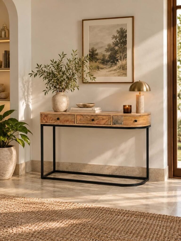 Mango Wood Console Table with 3 drawers and black iron frame in natural finish.