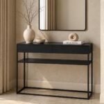 Oak Wood Console Table with sculptural loop base and rounded top in black finish.