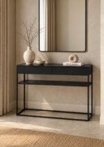 Oak Wood Console Table with sculptural loop base and rounded top in black finish.