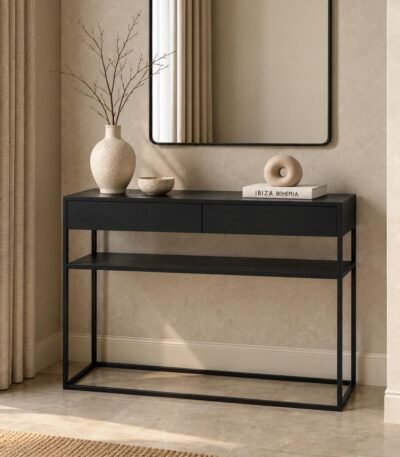 Oak Wood Console Table with sculptural loop base and rounded top in black finish.
