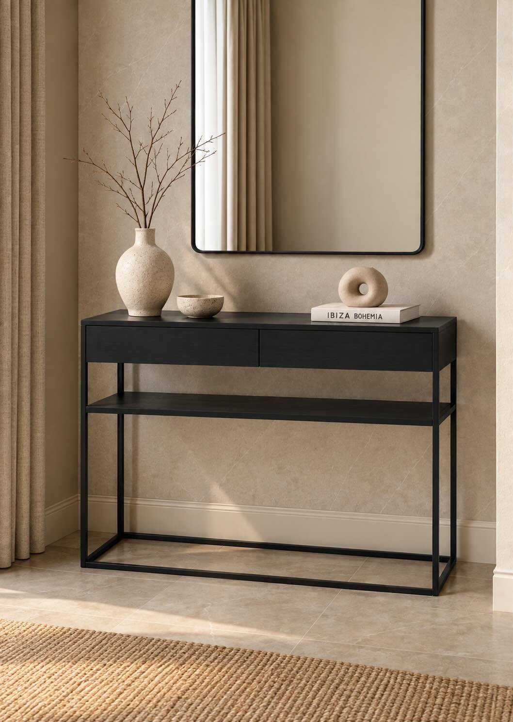 Lunvero Oak Wood Console Table with Sculptural Loop Base in Black Finish Oak Wood Console Table with sculptural loop base and rounded top in black finish.
