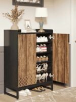 Ridgecrest | Solid Wood Shoe Cabinet with Geometric Carved Doors & Raised Black Frame in Matte Black and Natural Wood Finish – Wooden Slice - Image 2