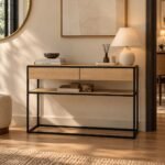 Oak Wood Console Table with 2 drawers, open shelf and metal frame in natural finish.