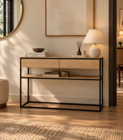 Oak Wood Console Table with 2 drawers, open shelf and metal frame in natural finish.