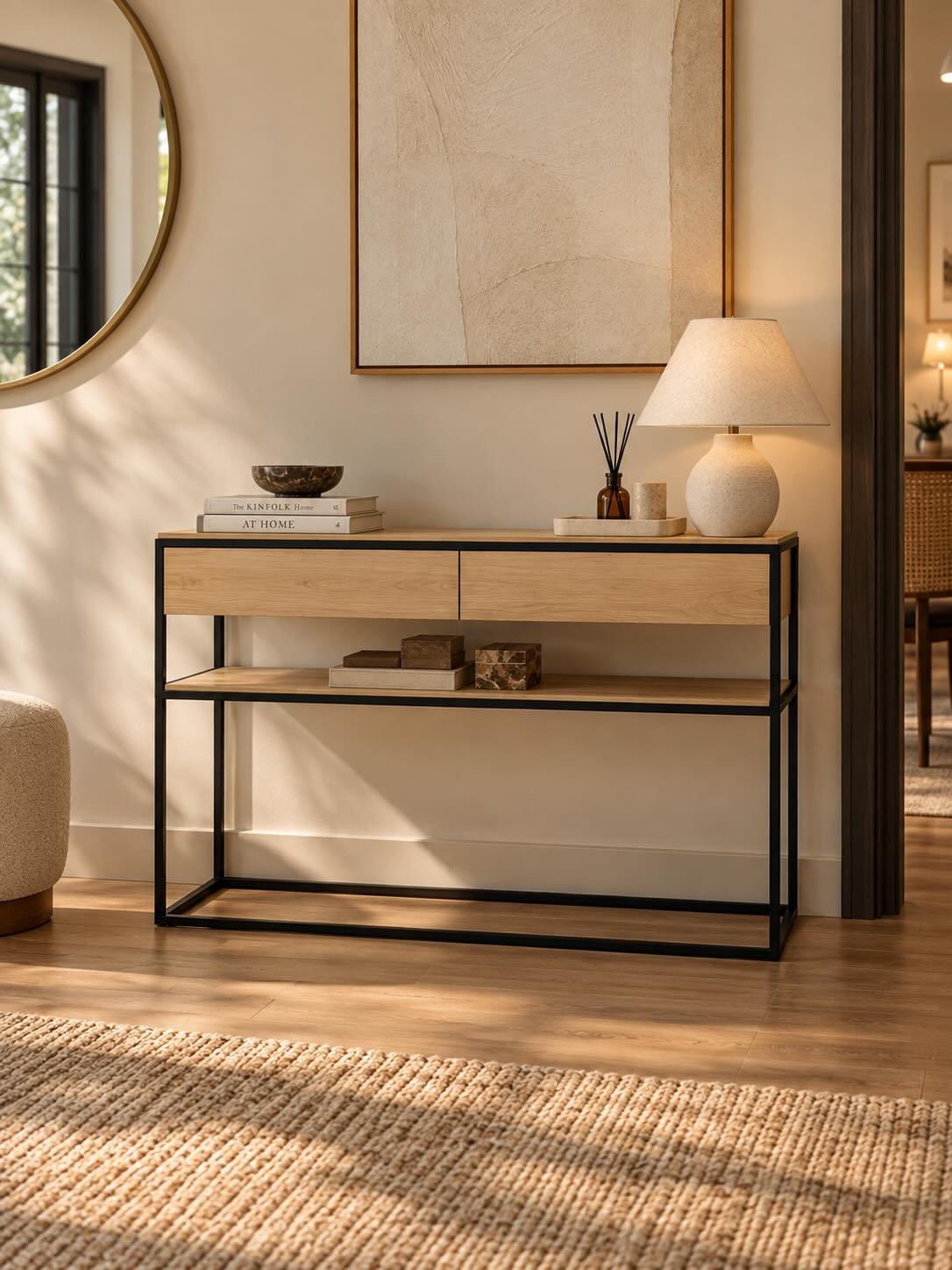 Auremont Oak Wood Console Table featuring two handle-free drawers, an open wooden shelf and a slim metal frame in a natural finish. Oak Wood Console Table with 2 drawers, open shelf and metal frame in natural finish.