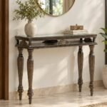 Sheesham Wood Console Table with carved legs and glass top in grey finish.