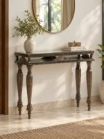 Sheesham Wood Console Table with carved legs and glass top in grey finish.
