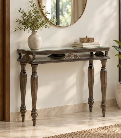 Sheesham Wood Console Table with carved legs and glass top in grey finish.