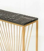 Aurekshan | Sheesham Wood & Iron Console Table with Hand-Carved Geometric Top and Gold Metal Frame in Walnut and Gold Finish – Wooden Slice - Image 4