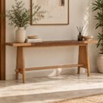 Oak Wood Console Table with minimalist trestle base in White Oak finish.