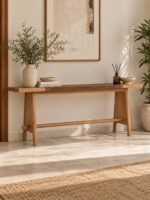 Oak Wood Console Table with minimalist trestle base in White Oak finish.