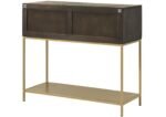 Aurexion | Solid Mango Wood Mini Bar Console Cabinet with Geometric Diamond Front, Gold Metal Frame & Open Lower Shelf in Walnut and Gold Finish – Wooden Slice - Image 4