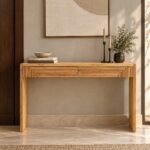 Teak Wood Console Table with geometric fluted drawers in natural finish.