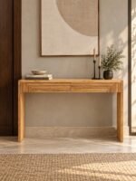 Teak Wood Console Table with geometric fluted drawers in natural finish.