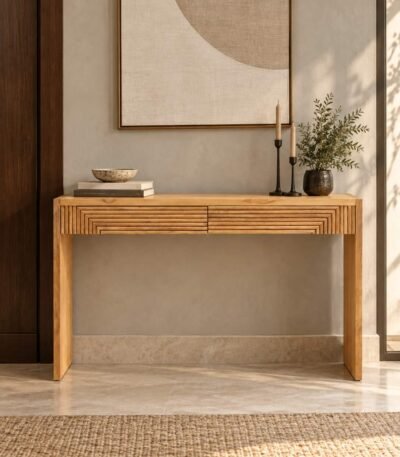 Teak Wood Console Table with geometric fluted drawers in natural finish.