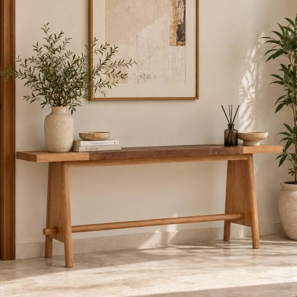 Oak Wood Console Table with minimalist trestle base in White Oak finish.