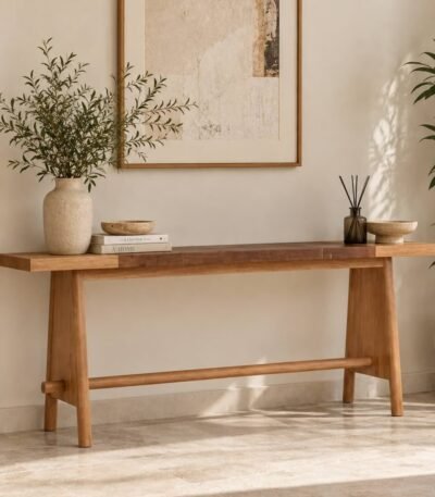 Oak Wood Console Table with minimalist trestle base in White Oak finish.