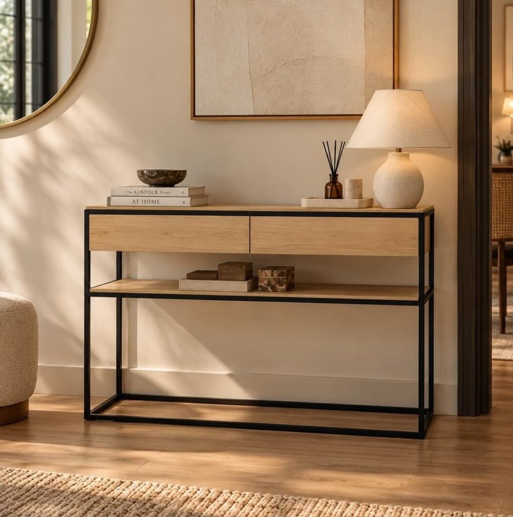 Oak Wood Console Table with 2 drawers, open shelf and metal frame in natural finish.