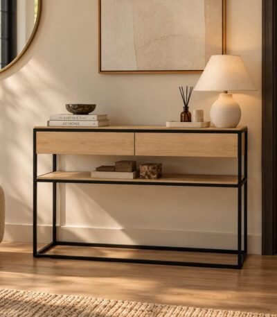 Oak Wood Console Table with 2 drawers, open shelf and metal frame in natural finish.