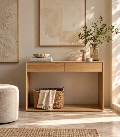 Oak Wood Console Table with two drawers in natural finish.