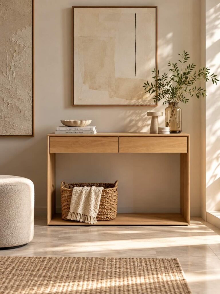 Oak Wood Console Table with two drawers in natural finish.