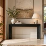 Oak Wood Console Table with minimalist waterfall frame in black finish.