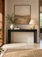 Oak Wood Console Table with minimalist waterfall frame in black finish.