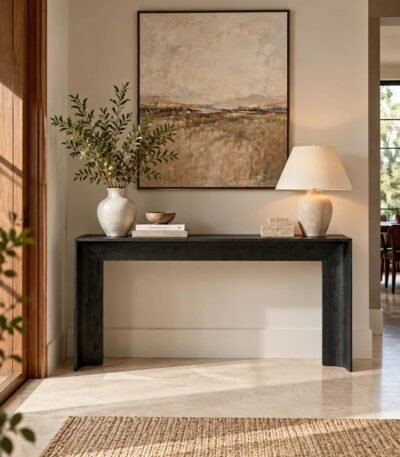 Oak Wood Console Table with minimalist waterfall frame in black finish.