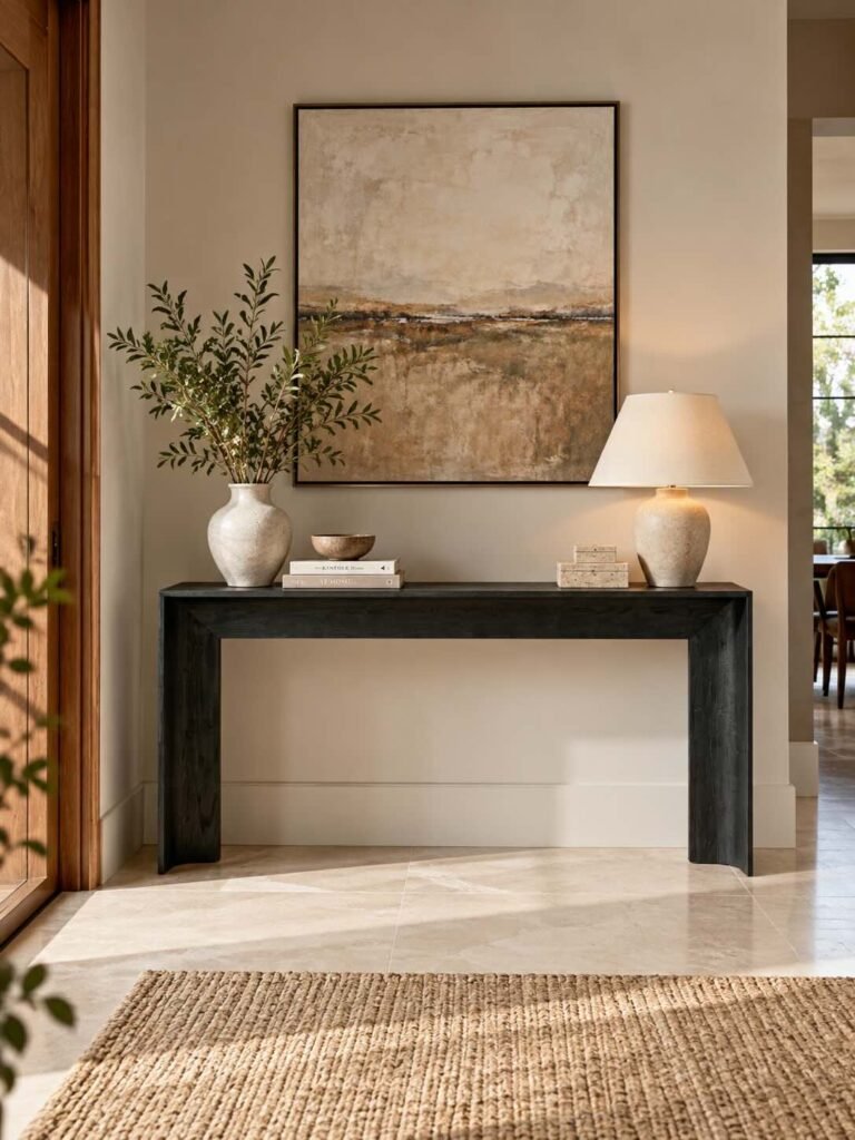Oak Wood Console Table with minimalist waterfall frame in black finish.