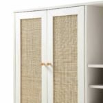 Lunavelle | Solid Wood Cane Bar Cabinet with Dual Doors and Open Bottle Storage in White Finish – Wooden Slice - Image 6