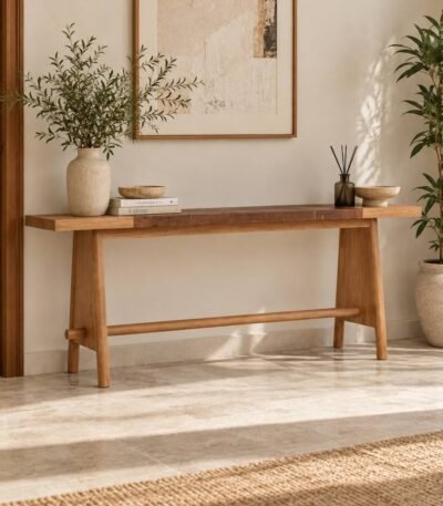 Oak Wood Console Table with minimalist trestle base in White Oak finish.