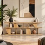 Oak Wood Console Table with sculptural curved shelves and natural finish.