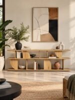 Oak Wood Console Table with sculptural curved shelves and natural finish.