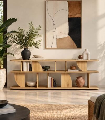 Oak Wood Console Table with sculptural curved shelves and natural finish.