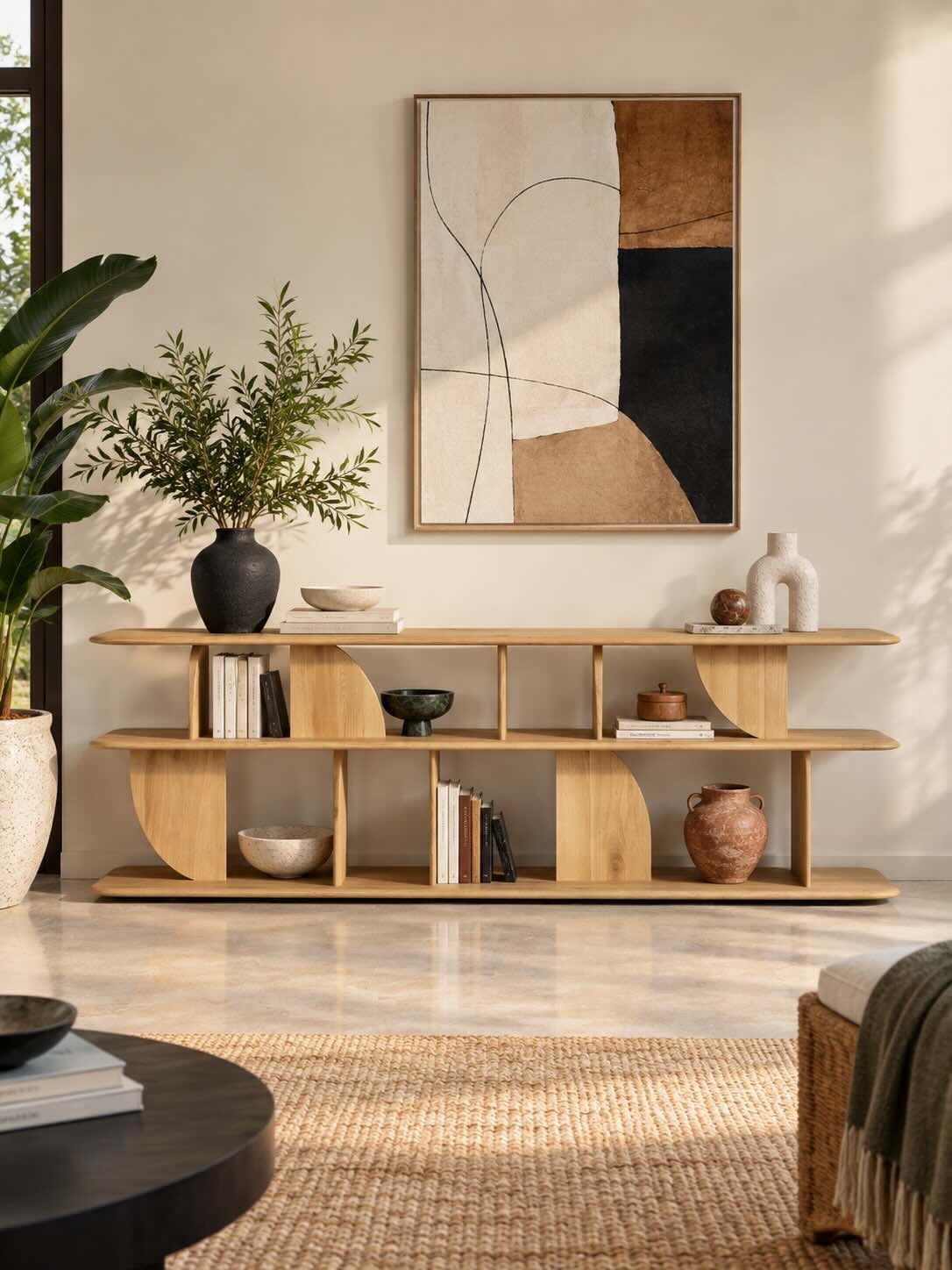Avelune Oak Wood Console Table with Sculptural Curved Shelves in Natural Finish Oak Wood Console Table with sculptural curved shelves and natural finish.
