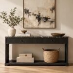 Oak Wood Marble Console Table with 2 drawers, Emperador marble top and black finish.