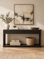 Oak Wood Marble Console Table with 2 drawers, Emperador marble top and black finish.