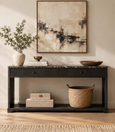 Oak Wood Marble Console Table with 2 drawers, Emperador marble top and black finish.